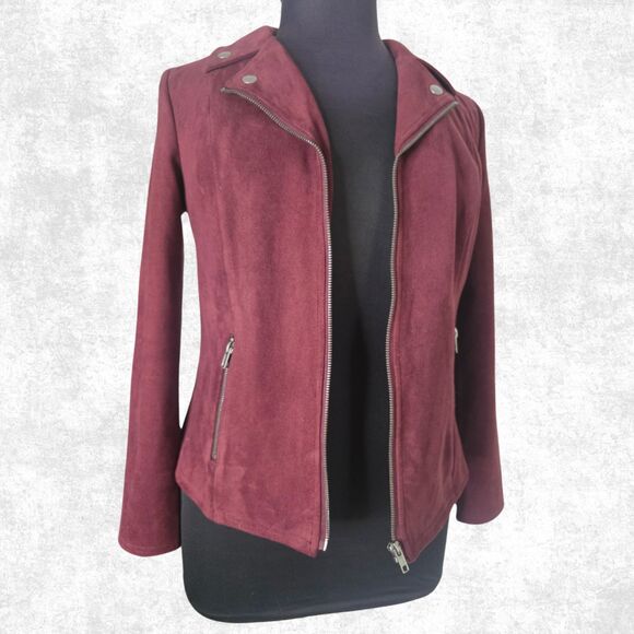 Style & Co Burgundy Faux Suede Moto Jacket Zip Up Stretch Medium Soft Grunge - Picture 4 of 8